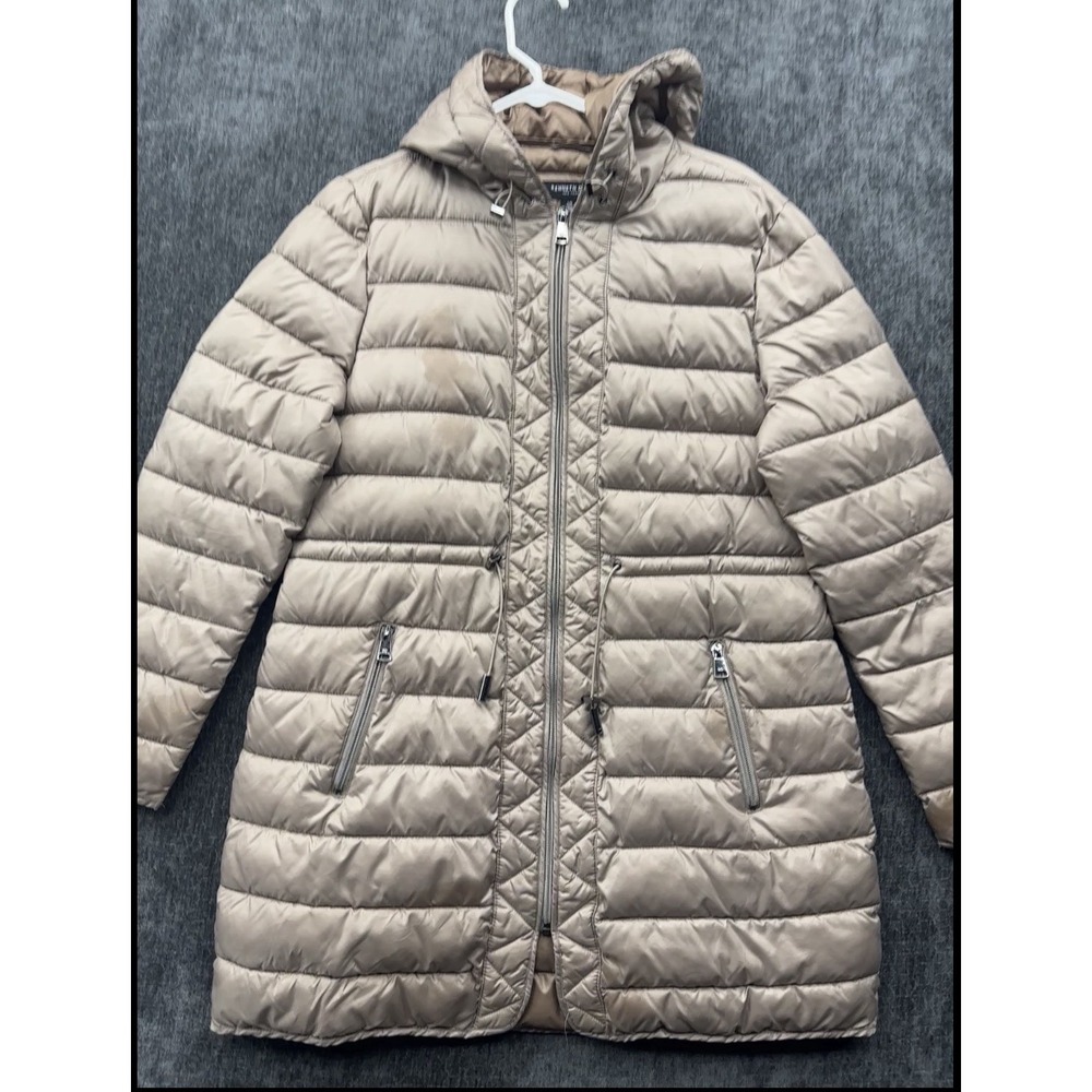 Kenneth Cole Puffer Jacket Womens‎ Large Gray Full Zip Warm Hooded Quilted Lined